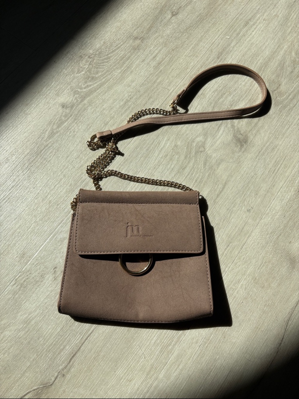 JM Taupe Suede Crossbody Bag with Gold Chain